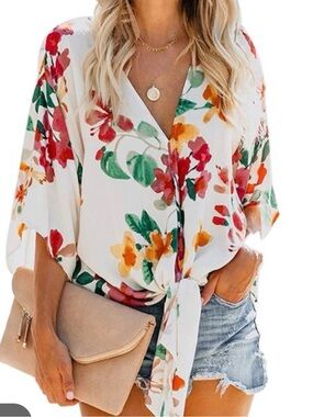 lovestitch White Floral Tie-Front V-Neck Blouse